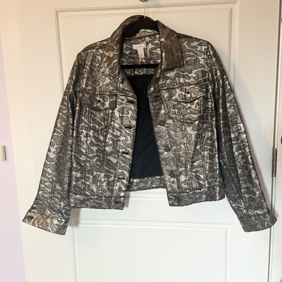 Chico's Jackets & Blazers - Chicos Silver Metallic Leopard Print Button Up Boxy Jacket Sz 1 Maximal Mobwife